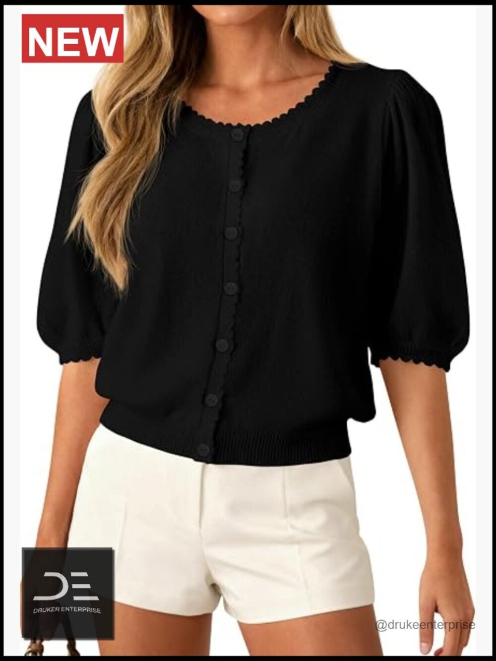 Short Sleeve Knit Cardigan with Scalloped Crew Neck & Puff Sleeves -